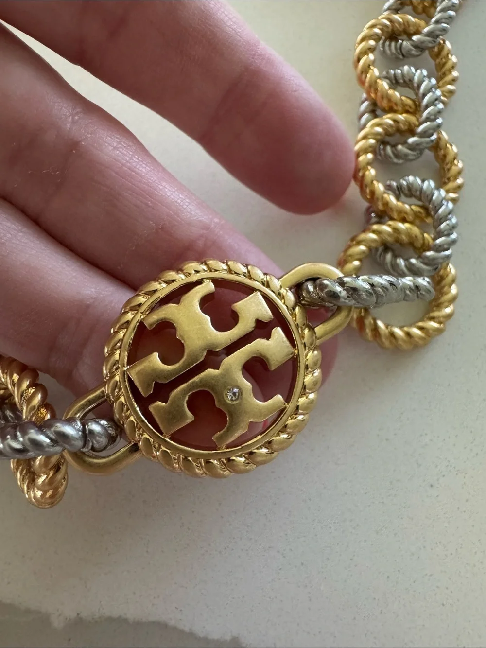 Two-Tone Gold and Silver Rope-Link Logo Necklace